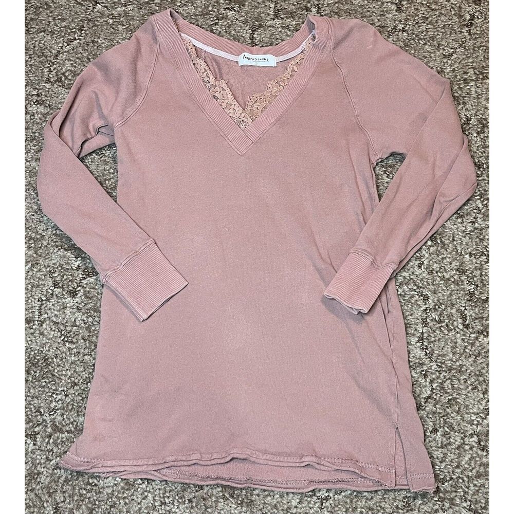 Impressions Sweater Womens S Pink Purple V Neck Lace Tunic‎ Top Boutique Ladies